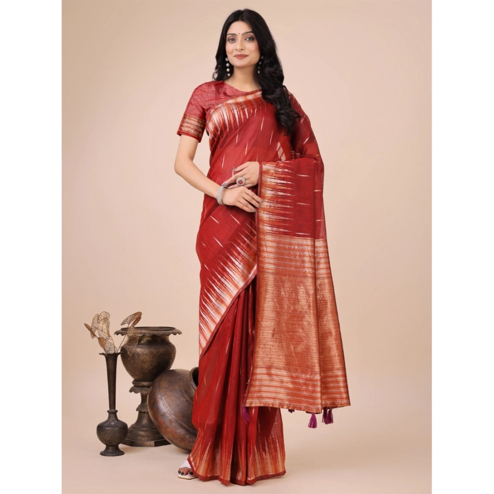 Seduva Women's Linen Cotton Printed Saree With Unstitched Blouse 5.5Mtr (Red)