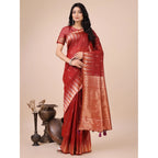Seduva Women's Linen Cotton Printed Saree With Unstitched Blouse 5.5Mtr (Red)