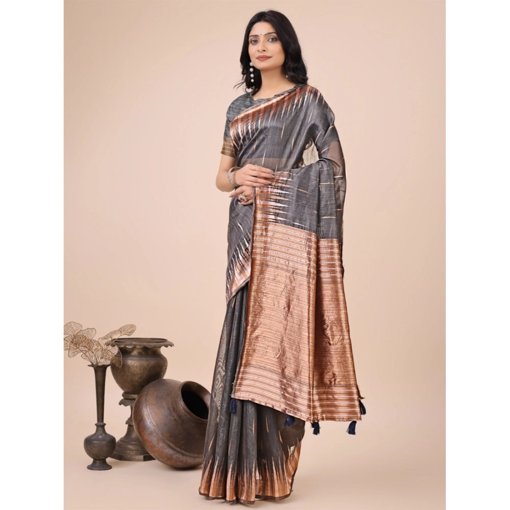 Seduva Women's Linen Cotton Printed Saree With Unstitched Blouse 5.5Mtr (Grey)