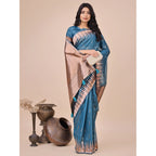 Seduva Women's Linen Cotton Printed Saree With Unstitched Blouse 5.5Mtr (Blue)