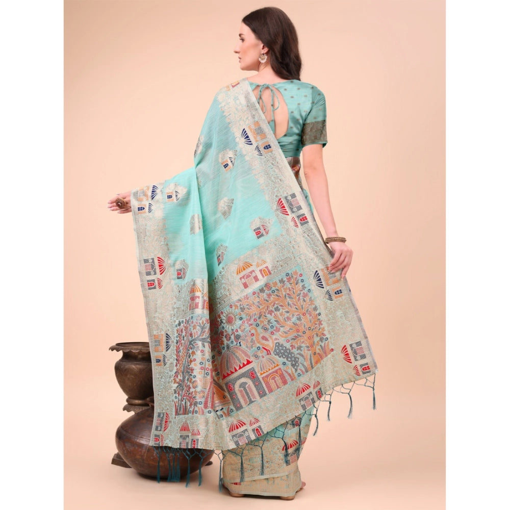 Seduva Women's Linen Cotton Printed Saree With Unstitched Blouse 5.5Mtr (Sky Blue)