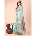 Seduva Women's Linen Cotton Printed Saree With Unstitched Blouse 5.5Mtr (Sky Blue)