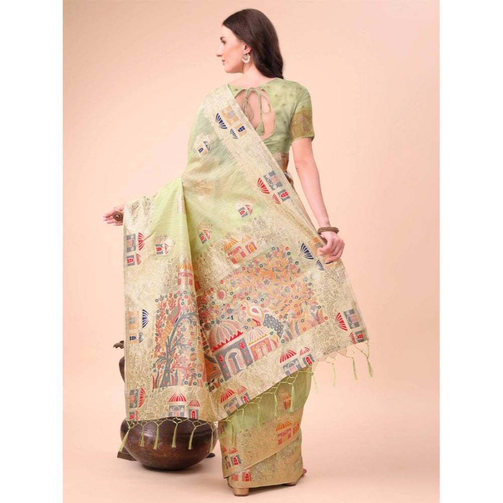 Seduva Women's Linen Cotton Printed Saree With Unstitched Blouse 5.5Mtr (Light Green)