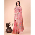 Seduva Women's Linen Cotton Printed Saree With Unstitched Blouse 5.5Mtr (Pink)