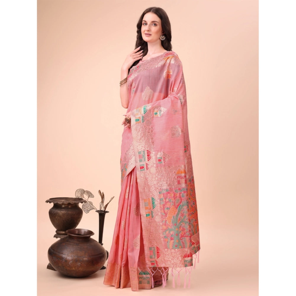 Seduva Women's Linen Cotton Printed Saree With Unstitched Blouse 5.5Mtr (Pink)