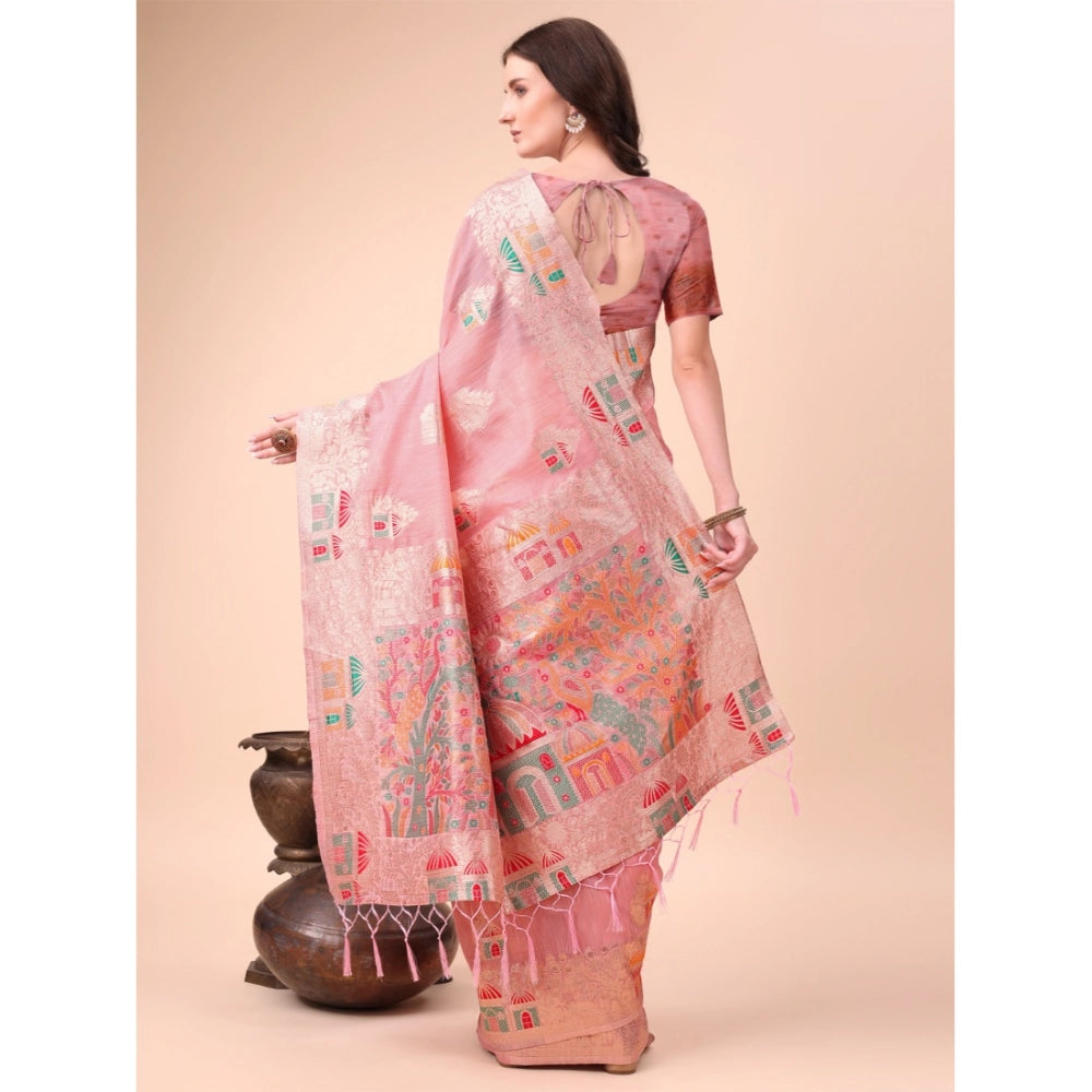 Seduva Women's Linen Cotton Printed Saree With Unstitched Blouse 5.5Mtr (Pink)