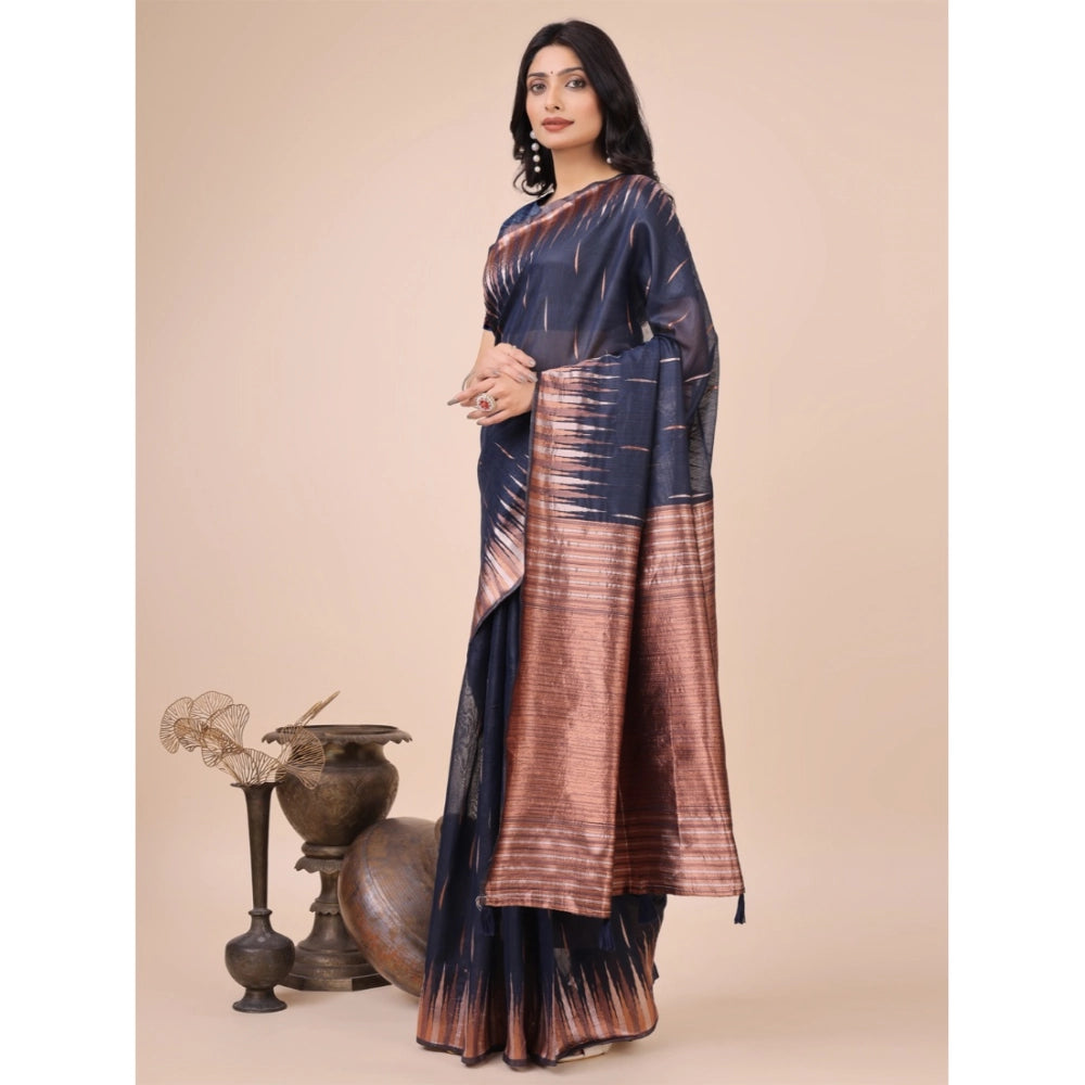 Seduva Women's Linen Cotton Printed Saree With Unstitched Blouse 5.5Mtr (Navy Blue)