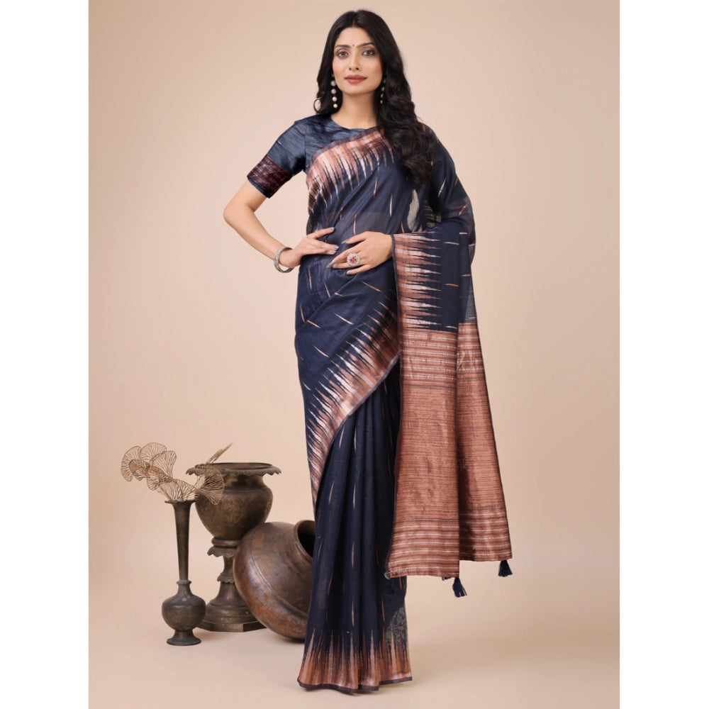 Seduva Women's Linen Cotton Printed Saree With Unstitched Blouse 5.5Mtr (Navy Blue)