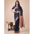Seduva Women's Linen Cotton Printed Saree With Unstitched Blouse 5.5Mtr (Navy Blue)