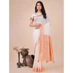 Seduva Women's Linen Cotton Printed Saree With Unstitched Blouse 5.5Mtr (White)