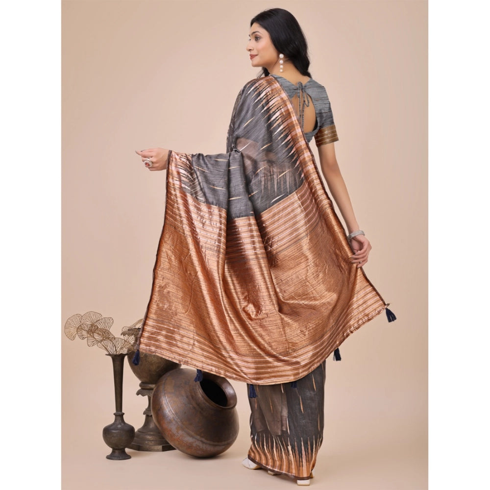 Seduva Women's Linen Cotton Printed Saree With Unstitched Blouse 5.5Mtr (Grey)