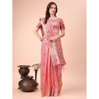 Seduva Women's Linen Cotton Printed Saree With Unstitched Blouse 5.5Mtr (Pink)