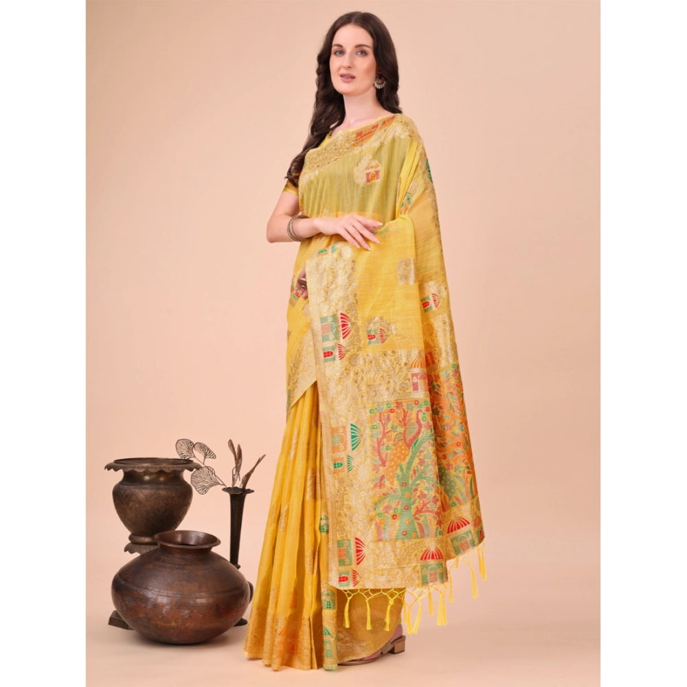 Seduva Women's Linen Cotton Printed Saree With Unstitched Blouse 5.5Mtr (Yellow)