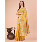 Seduva Women's Linen Cotton Printed Saree With Unstitched Blouse 5.5Mtr (Yellow)