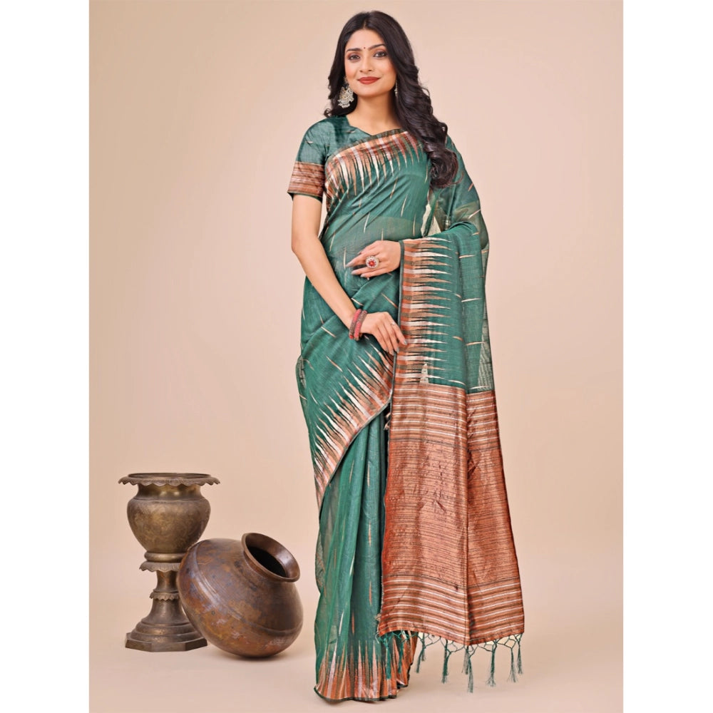 Seduva Women's Linen Cotton Printed Saree With Unstitched Blouse 5.5Mtr (Green)