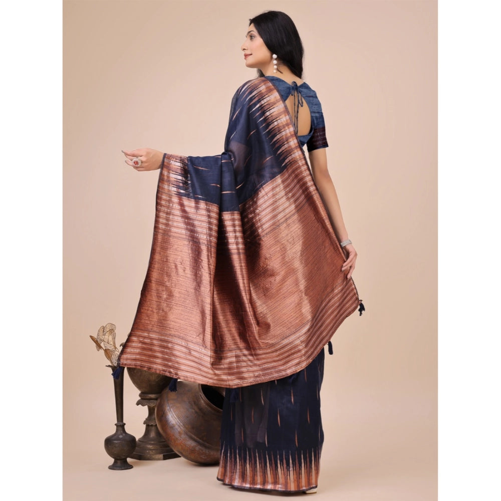 Seduva Women's Linen Cotton Printed Saree With Unstitched Blouse 5.5Mtr (Navy Blue)