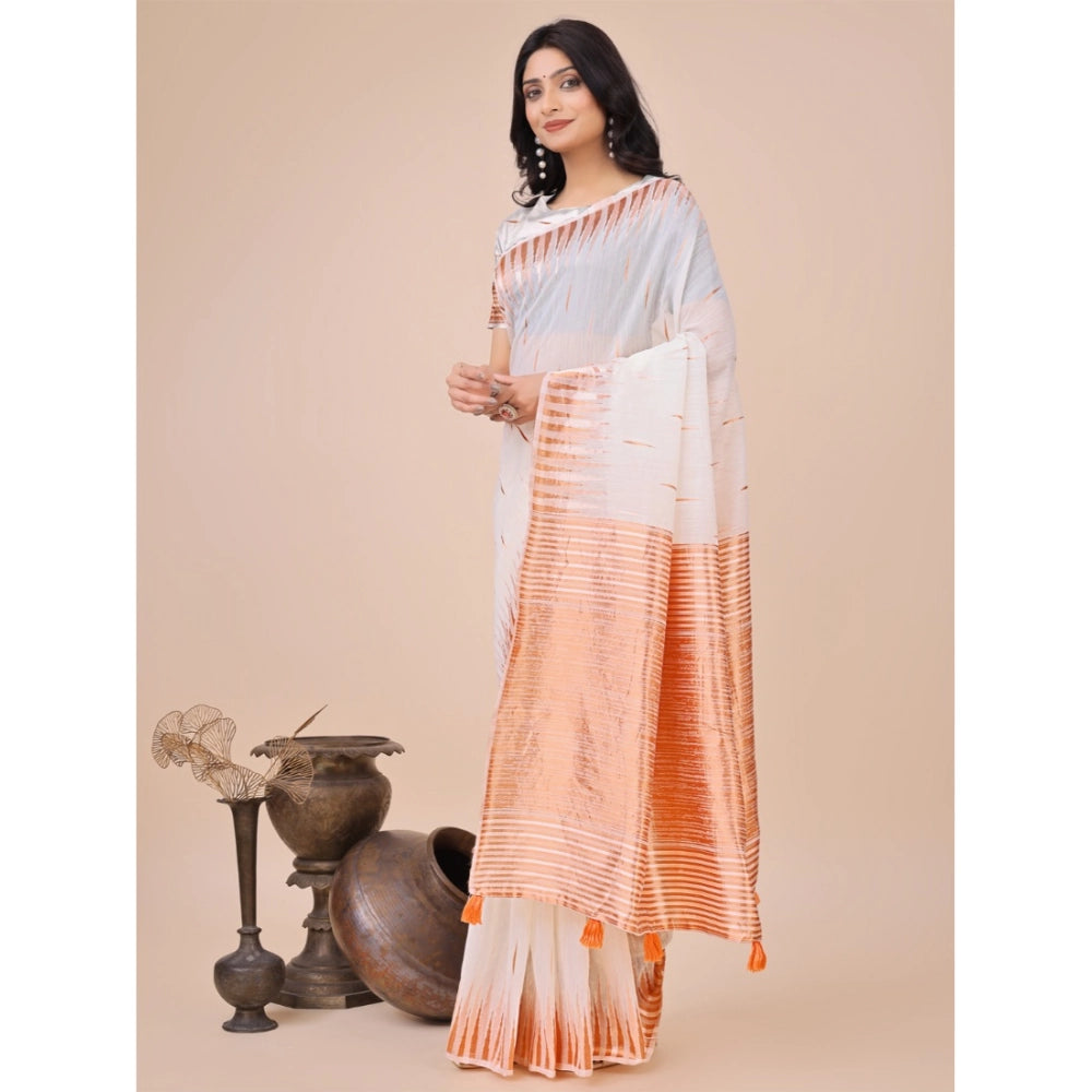 Seduva Women's Linen Cotton Printed Saree With Unstitched Blouse 5.5Mtr (White)