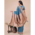 Seduva Women's Linen Cotton Printed Saree With Unstitched Blouse 5.5Mtr (Blue)