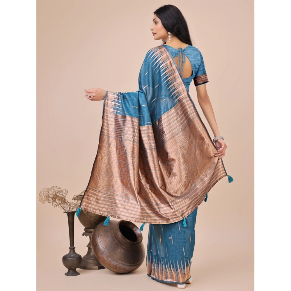 Seduva Women's Linen Cotton Printed Saree With Unstitched Blouse 5.5Mtr (Blue)