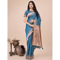 Seduva Women's Linen Cotton Printed Saree With Unstitched Blouse 5.5Mtr (Blue)