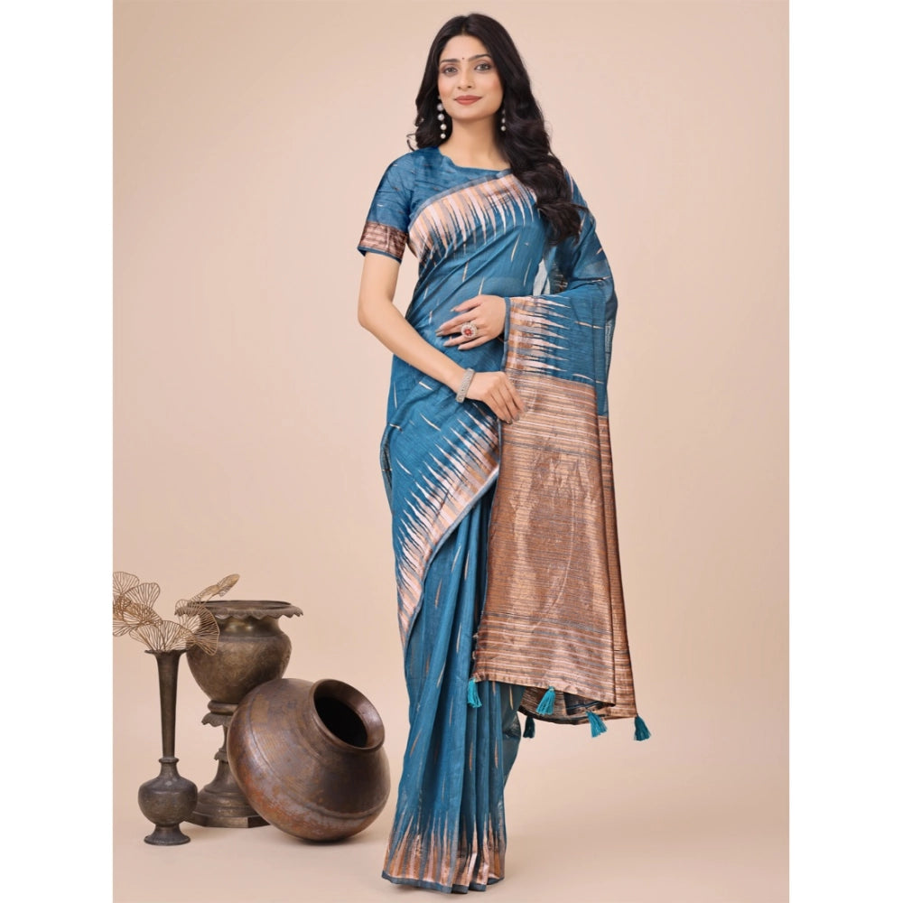 Seduva Women's Linen Cotton Printed Saree With Unstitched Blouse 5.5Mtr (Blue)