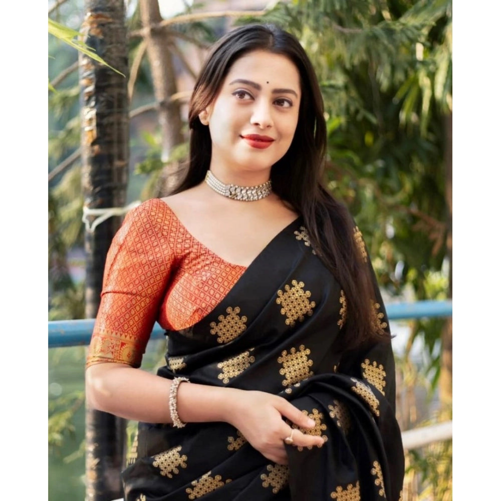 Seduva Women's Silk Printed Saree With Unstitched Blouse 5.5Mtr (Blacl-Orange)