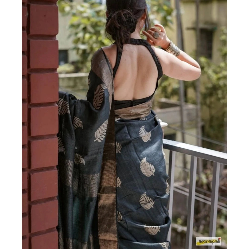 Seduva Women's Silk Printed Saree With Unstitched Blouse 5.5Mtr (Black)