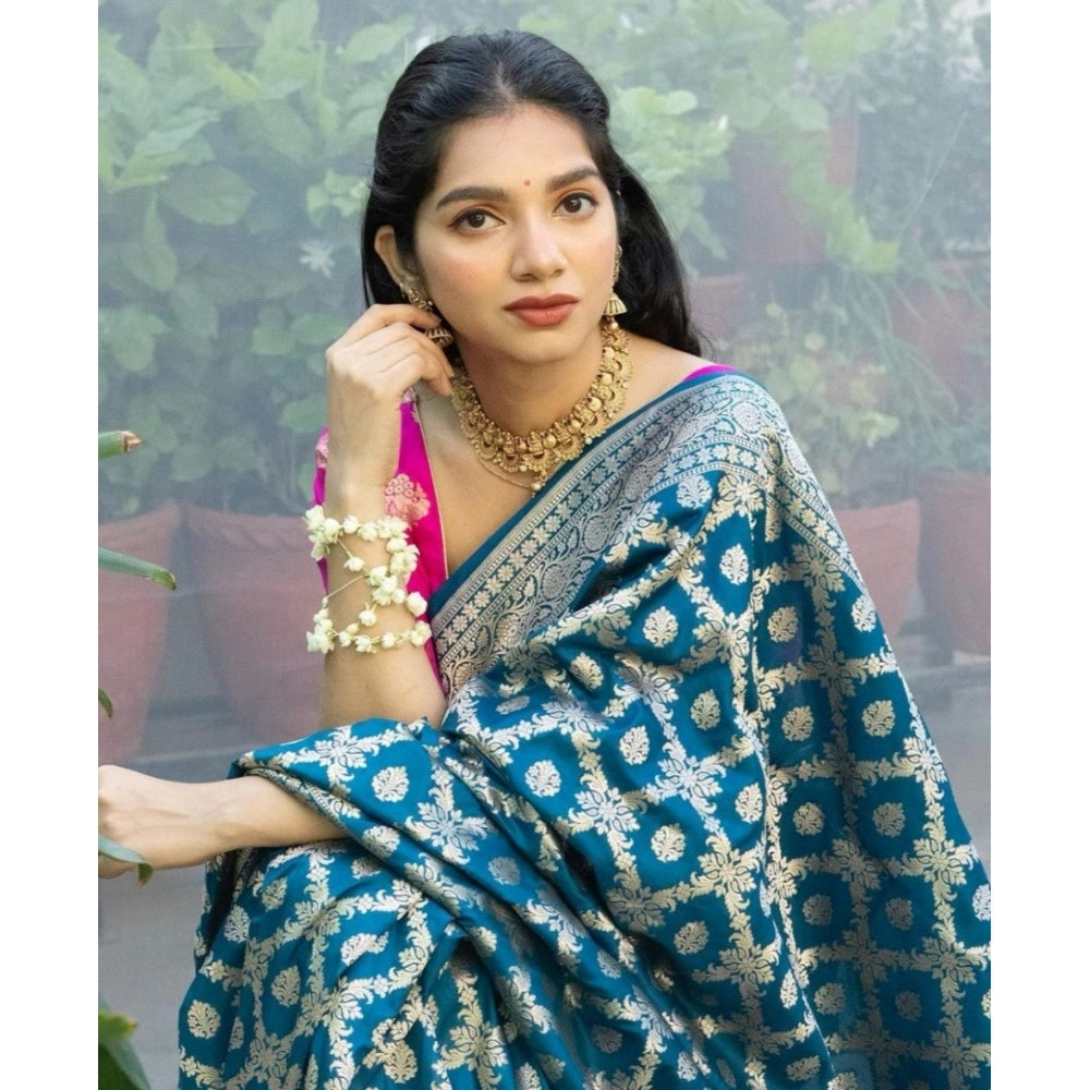 Seduva Women's Silk Printed Saree With Unstitched Blouse 5.5Mtr (Sky Blue)