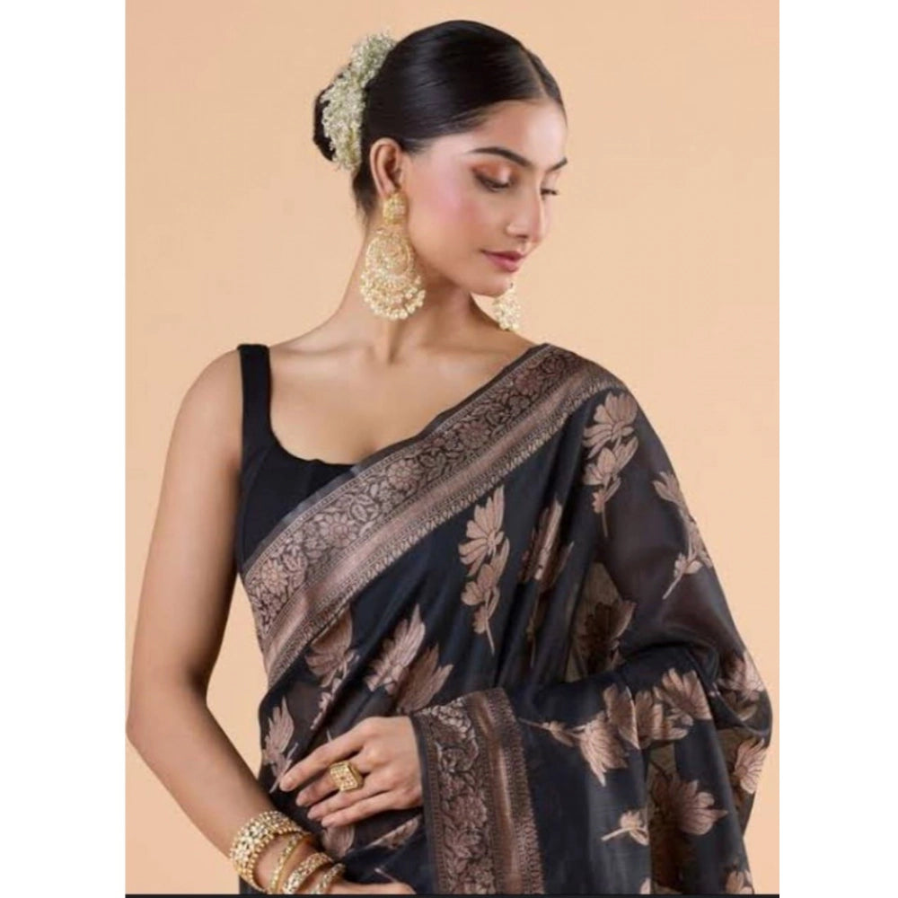 Seduva Women's Silk Printed Saree With Unstitched Blouse 5.5Mtr (Black)
