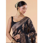Seduva Women's Silk Printed Saree With Unstitched Blouse 5.5Mtr (Black)