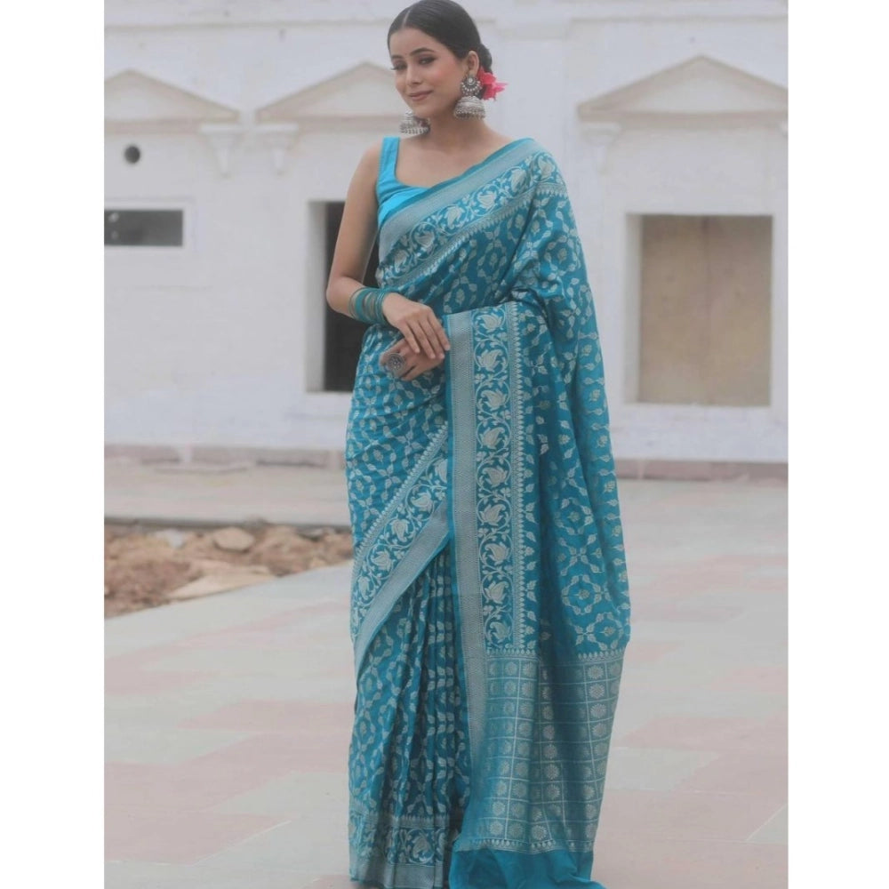 Seduva Women's Silk Printed Saree With Unstitched Blouse 5.5Mtr (Sky Blue)