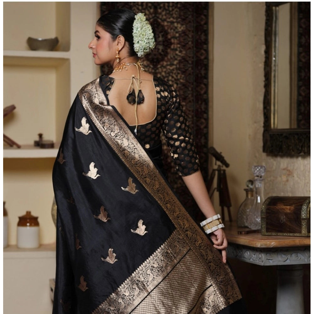 Seduva Women's Silk Printed Saree With Unstitched Blouse 5.5Mtr (Black)
