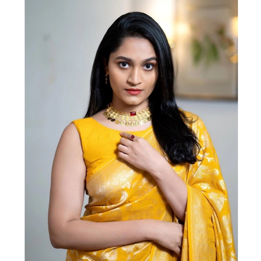 Seduva Women's Silk Printed Saree With Unstitched Blouse 5.5Mtr (Yellow)