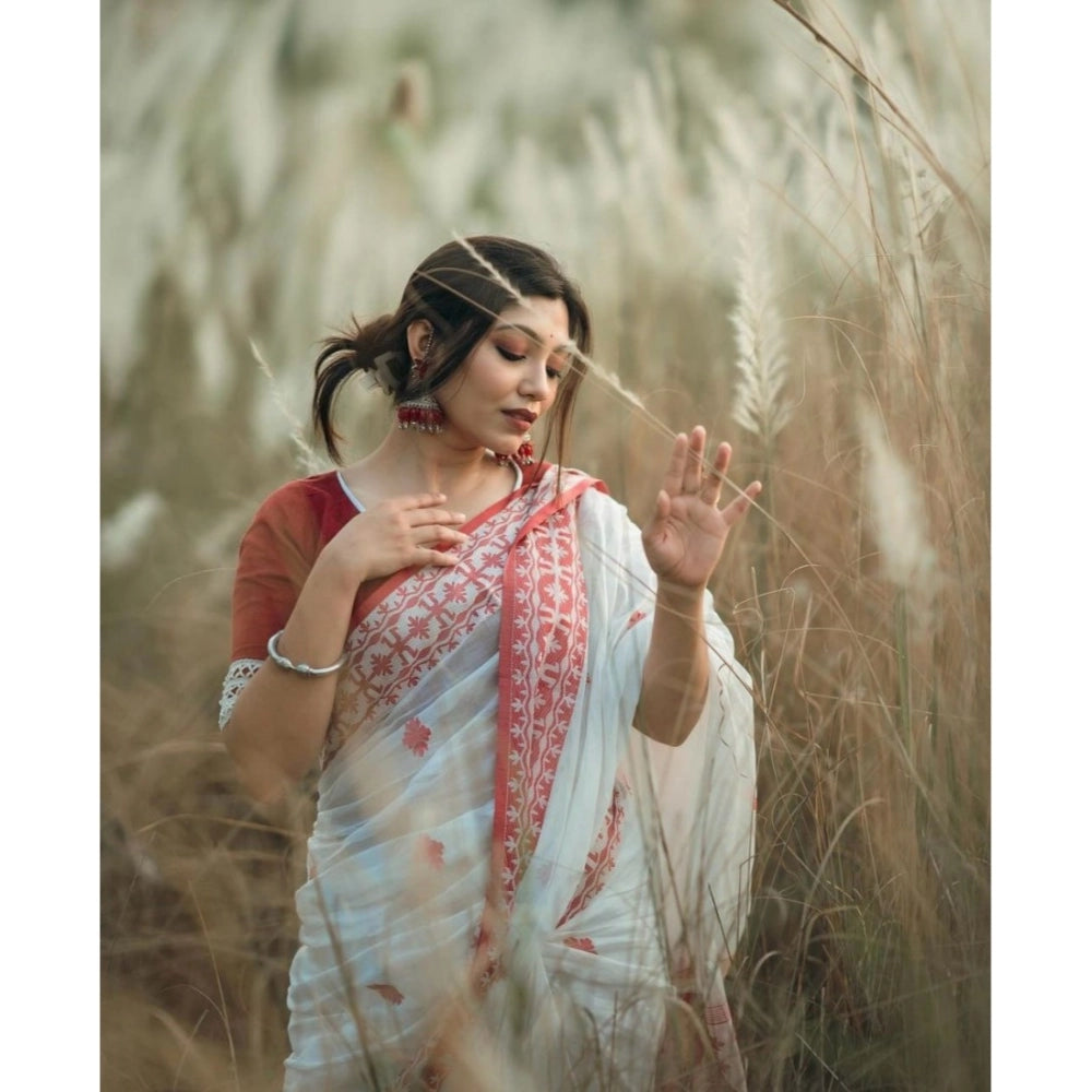 Seduva Women's Cotton  Printed Saree With Unstitched Blouse 5.5Mtr (White-Red)