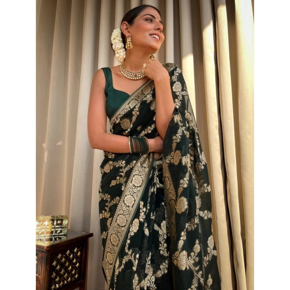 Seduva Women's Silk Printed Saree With Unstitched Blouse 5.5Mtr (Dark Green)