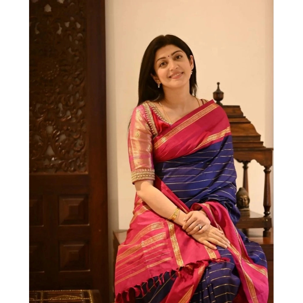 Seduva Women's Silk Printed Saree With Unstitched Blouse 5.5Mtr (Navy Blue)