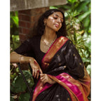 Seduva Women's Silk Printed Saree With Unstitched Blouse 5.5Mtr (Black-Pink)