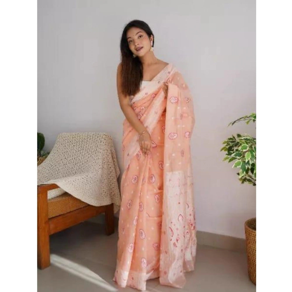 Seduva Women's Cotton  Printed Saree With Unstitched Blouse 5.5Mtr (Peach)
