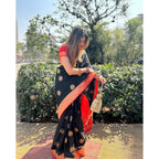 Seduva Women's Silk Printed Saree With Unstitched Blouse 5.5Mtr (Black-Red)