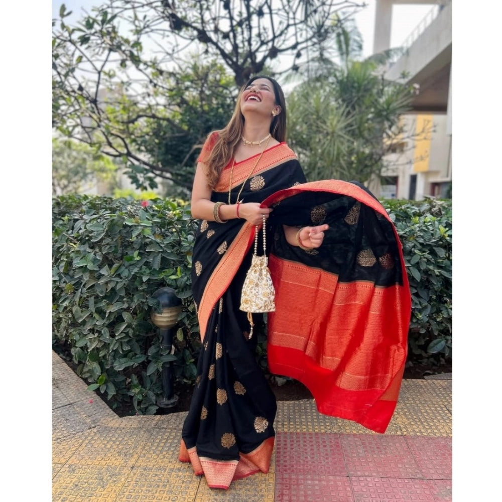Seduva Women's Silk Printed Saree With Unstitched Blouse 5.5Mtr (Black-Red)
