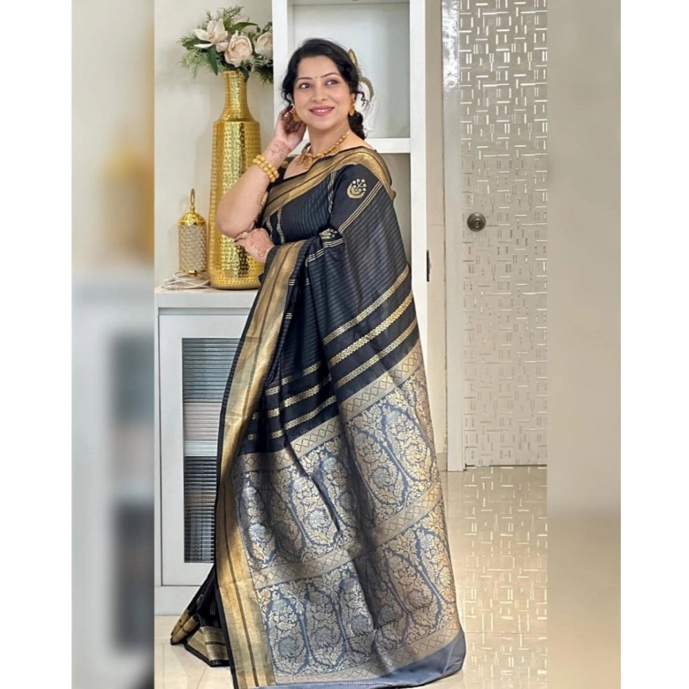 Seduva Women's Silk Printed Saree With Unstitched Blouse 5.5Mtr (Black)