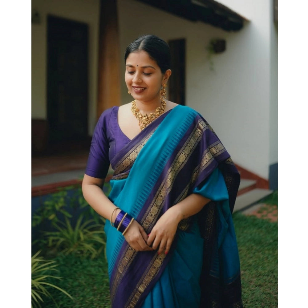 Seduva Women's Silk Printed Saree With Unstitched Blouse 5.5Mtr (Blue)