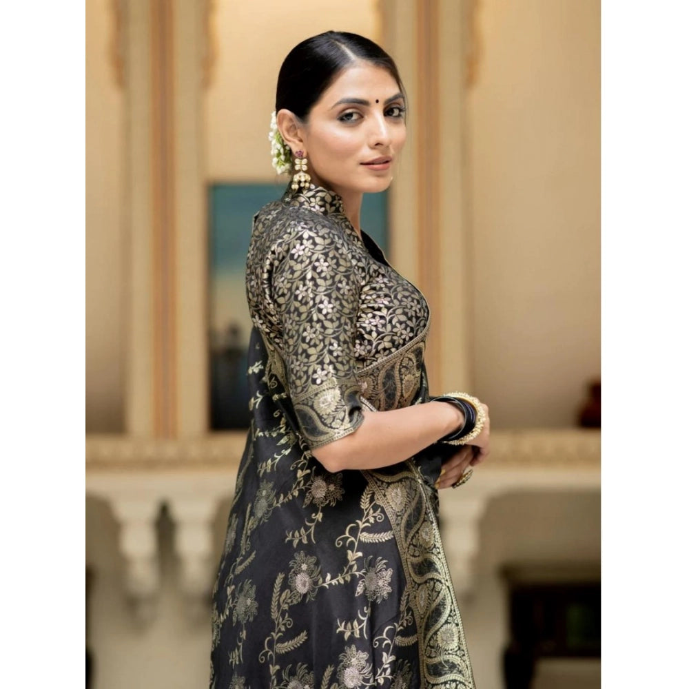 Seduva Women's Silk Printed Saree With Unstitched Blouse 5.5Mtr (Black)