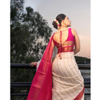 Seduva Women's Silk Printed Saree With Unstitched Blouse 5.5Mtr (White-Pink)