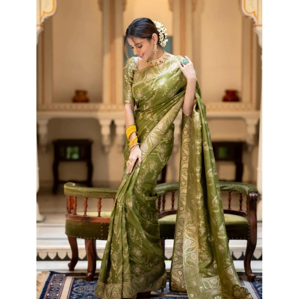 Seduva Women's Silk Printed Saree With Unstitched Blouse 5.5Mtr (Olive Green)