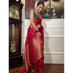 Seduva Women's Silk Printed Saree With Unstitched Blouse 5.5Mtr (Red)