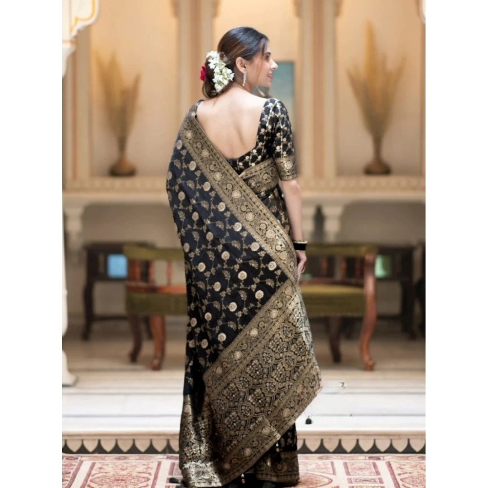 Seduva Women's Silk Printed Saree With Unstitched Blouse 5.5Mtr (Black)