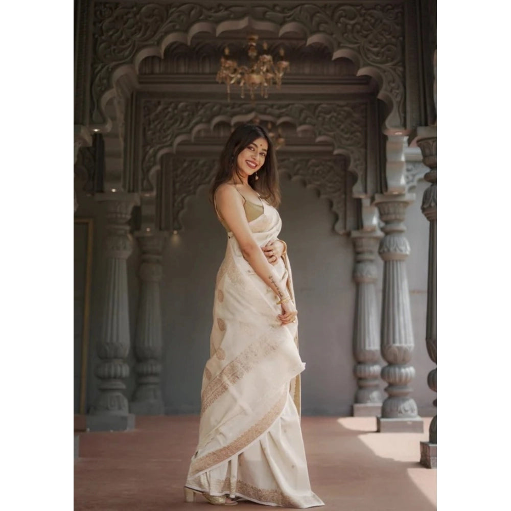 Seduva Women's Cotton  Printed Saree With Unstitched Blouse 5.5Mtr (Cream)