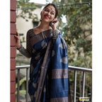 Seduva Women's Silk Printed Saree With Unstitched Blouse 5.5Mtr (Navy Blue)