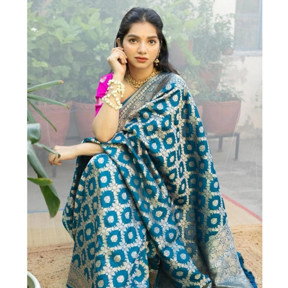 Seduva Women's Silk Printed Saree With Unstitched Blouse 5.5Mtr (Sky Blue)